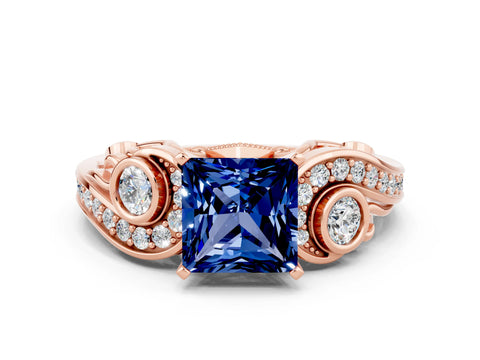 Rose gold Princess Cut Blue Sapphire Solitaire Ring with Milgrain Pavé Band and Four-Prong Setting_24
