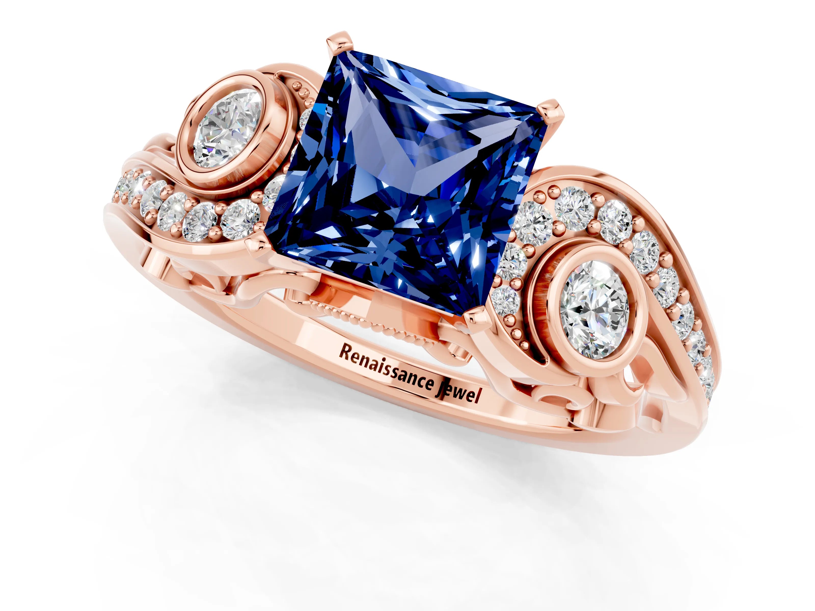 Rose gold Princess Cut Blue Sapphire Solitaire Ring with Milgrain Pavé Band and Four-Prong Setting_25