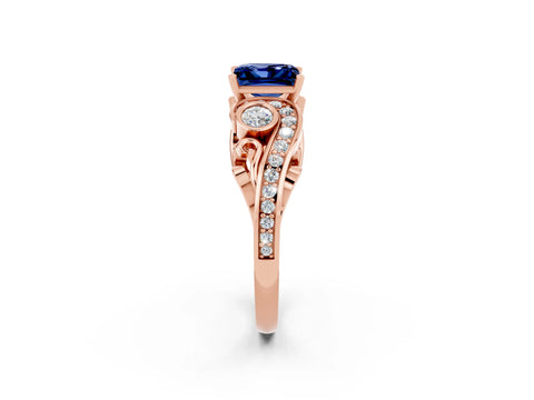 Rose gold Princess Cut Blue Sapphire Solitaire Ring with Milgrain Pavé Band and Four-Prong Setting_26