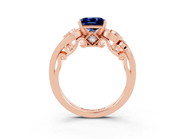 Rose gold Princess Cut Blue Sapphire Solitaire Ring with Milgrain Pavé Band and Four-Prong Setting