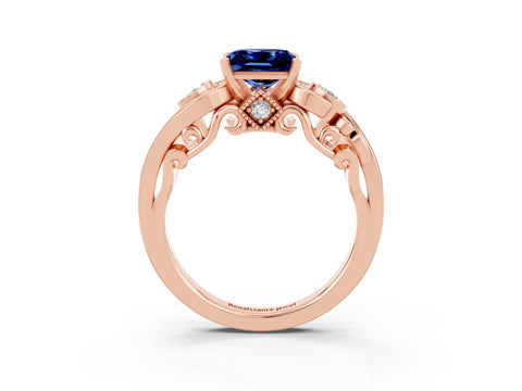Rose gold Princess Cut Blue Sapphire Solitaire Ring with Milgrain Pavé Band and Four-Prong Setting_27