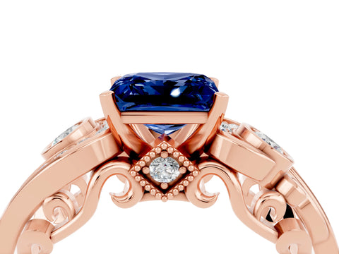 Rose gold Princess Cut Blue Sapphire Solitaire Ring with Milgrain Pavé Band and Four-Prong Setting_28