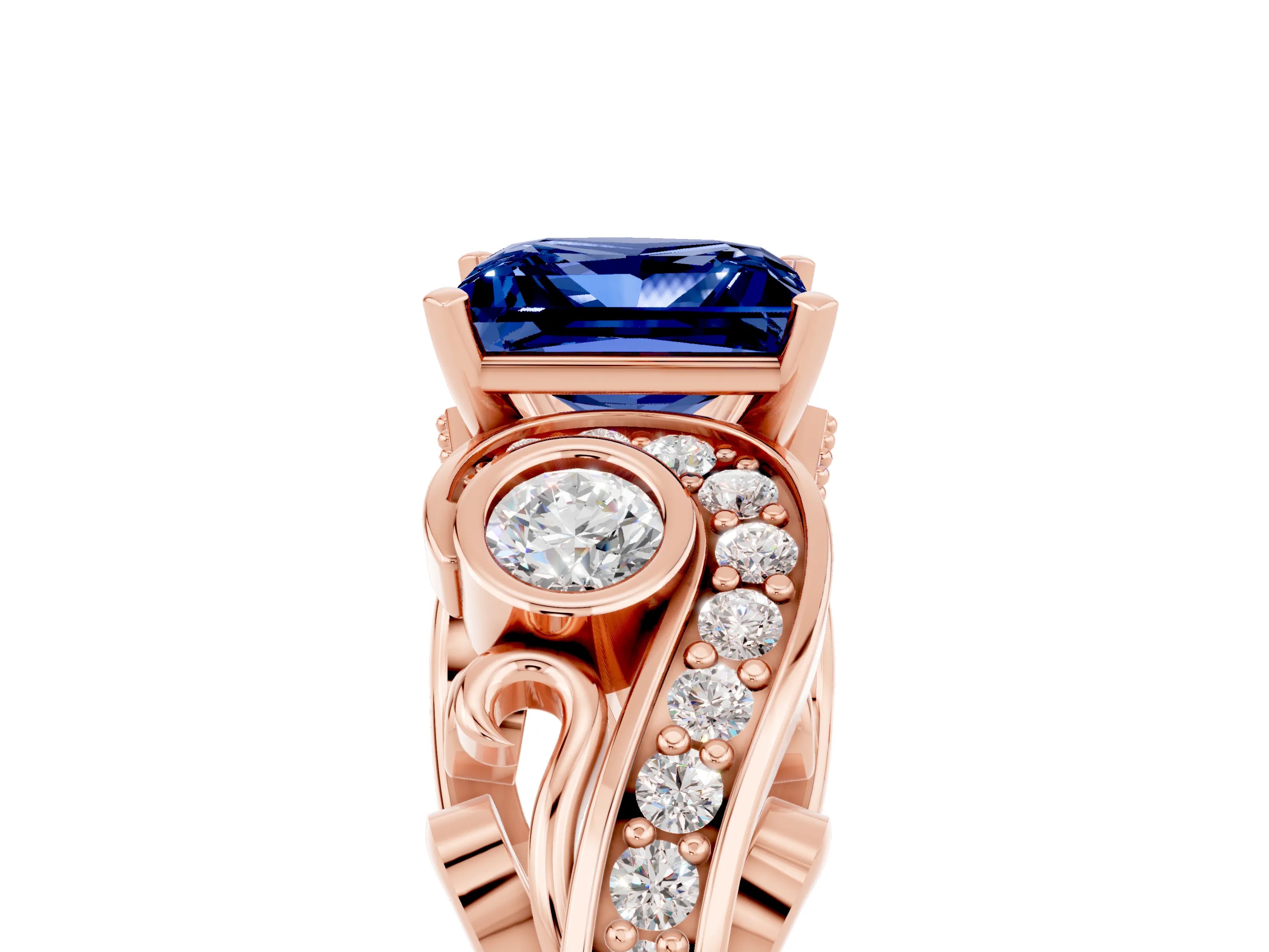 Rose gold Princess Cut Blue Sapphire Solitaire Ring with Milgrain Pavé Band and Four-Prong Setting_29