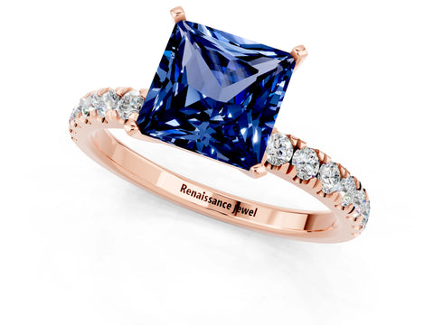 Rose gold Princess Cut Blue Sapphire Solitaire Ring with Pavé Accents and Four-Prong Setting_1