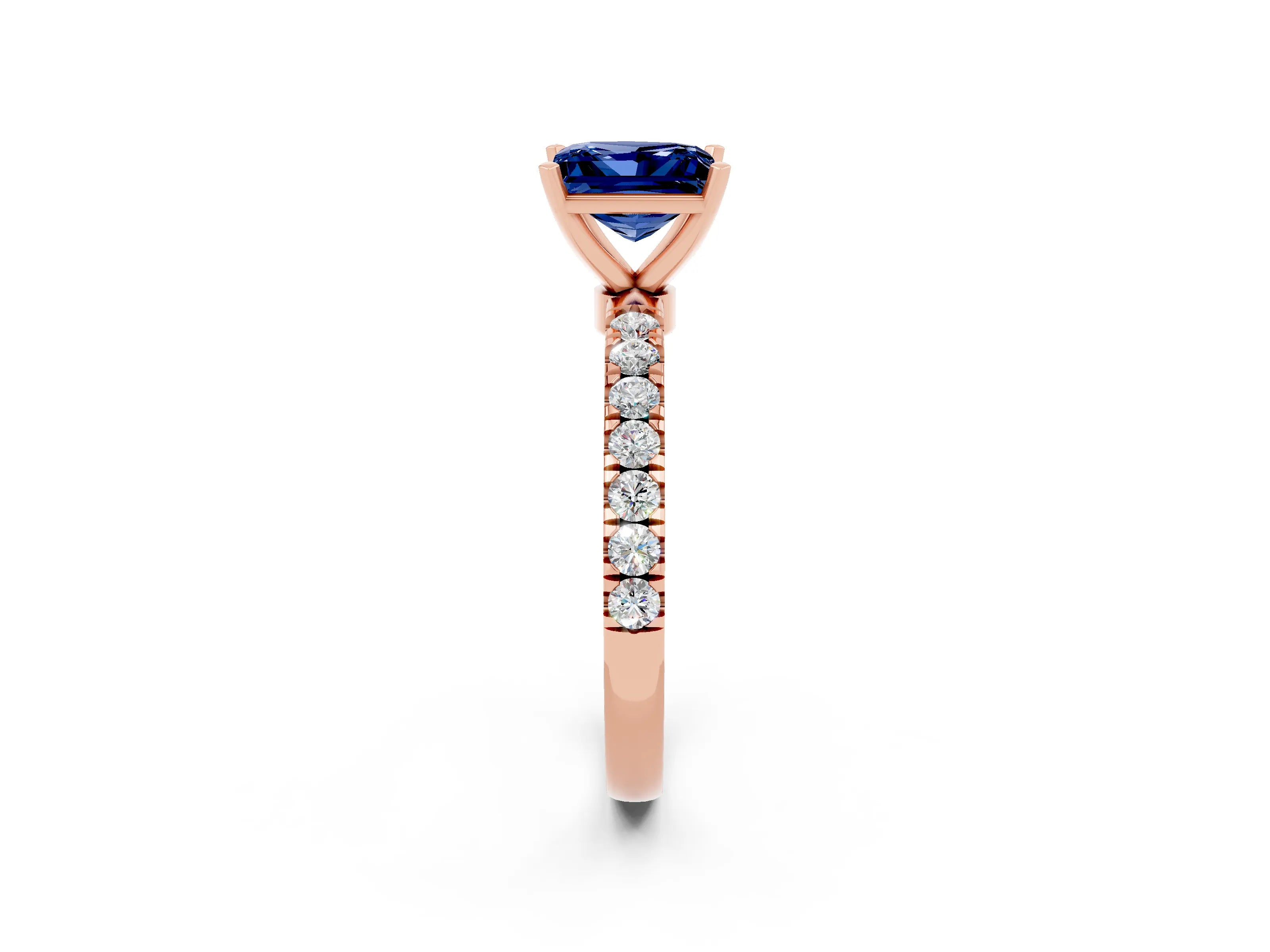 Rose gold Princess Cut Blue Sapphire Solitaire Ring with Pavé Accents and Four-Prong Setting_2