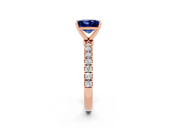 Rose gold Princess Cut Blue Sapphire Solitaire Ring with Pavé Accents and Four-Prong Setting