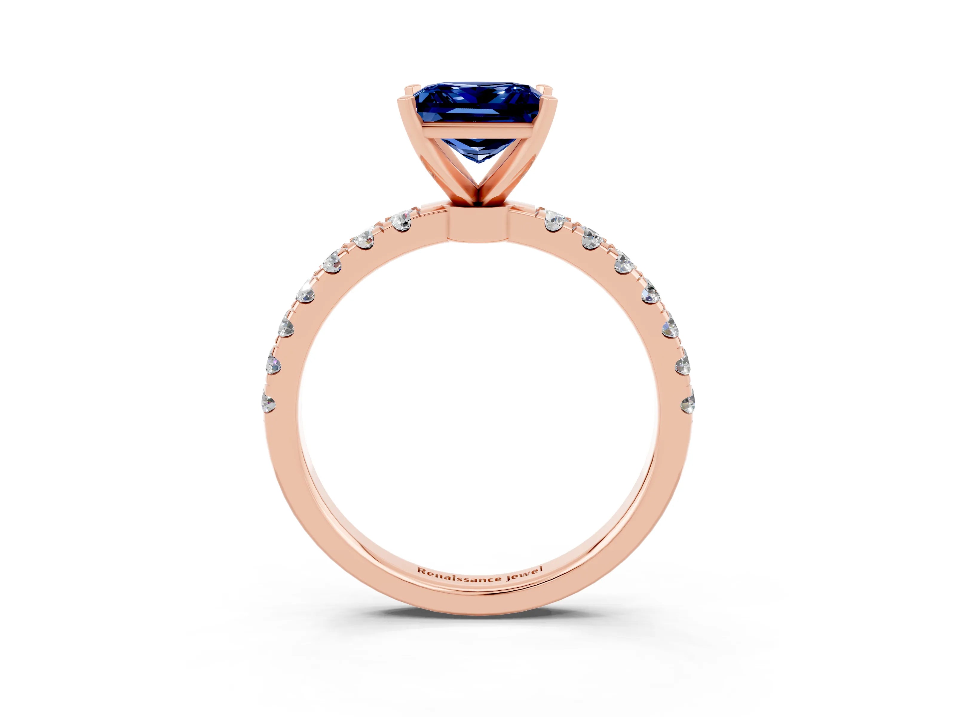 Rose gold Princess Cut Blue Sapphire Solitaire Ring with Pavé Accents and Four-Prong Setting_3