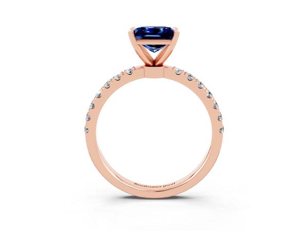 Rose gold Princess Cut Blue Sapphire Solitaire Ring with Pavé Accents and Four-Prong Setting