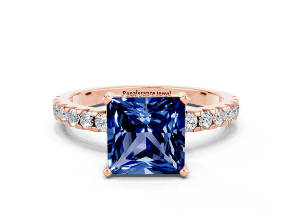 Rose gold Princess Cut Blue Sapphire Solitaire Ring with Round  Pavé Band and Four-Prong Setting