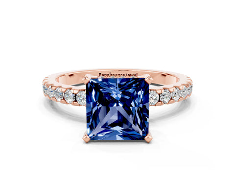 Rose gold Princess Cut Blue Sapphire Solitaire Ring with Pavé Band and Four-Prong Setting_24