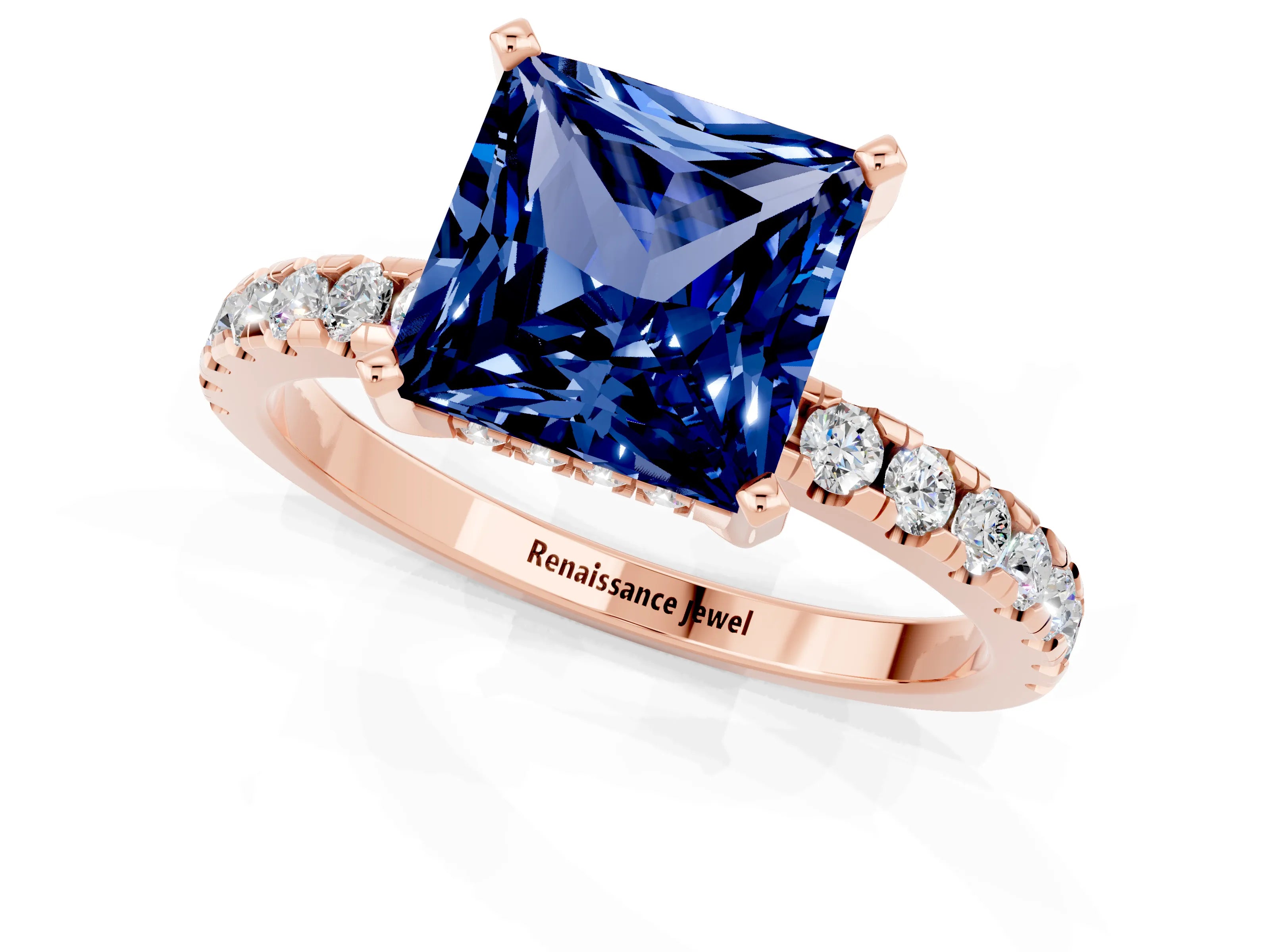Rose gold Princess Cut Blue Sapphire Solitaire Ring with Pavé Band and Four-Prong Setting_25