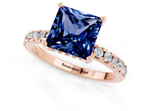 Rose gold Princess Cut Blue Sapphire Solitaire Ring with Pavé Band and Four-Prong Setting_25