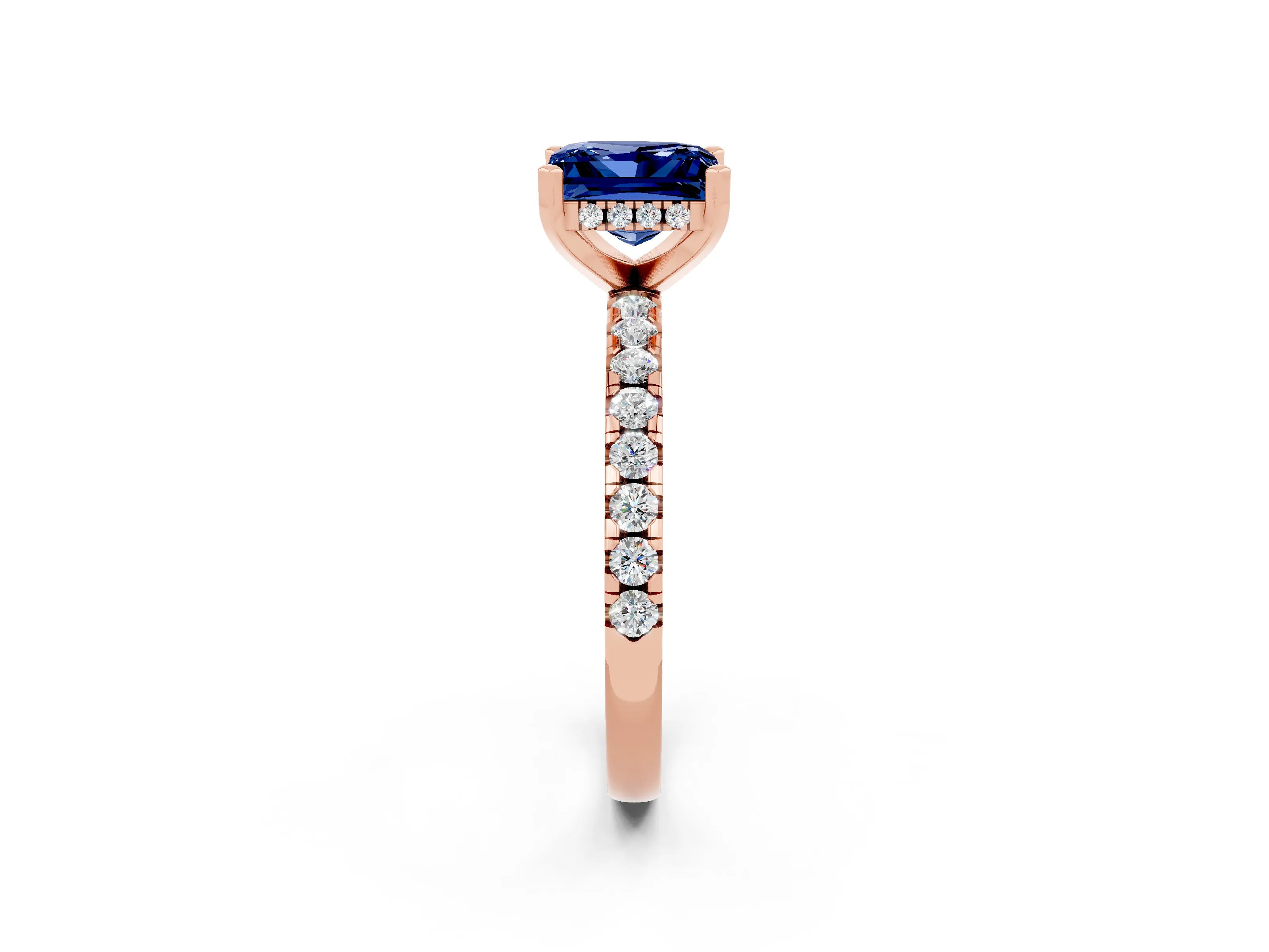 Rose gold Princess Cut Blue Sapphire Solitaire Ring with Pavé Band and Four-Prong Setting_26