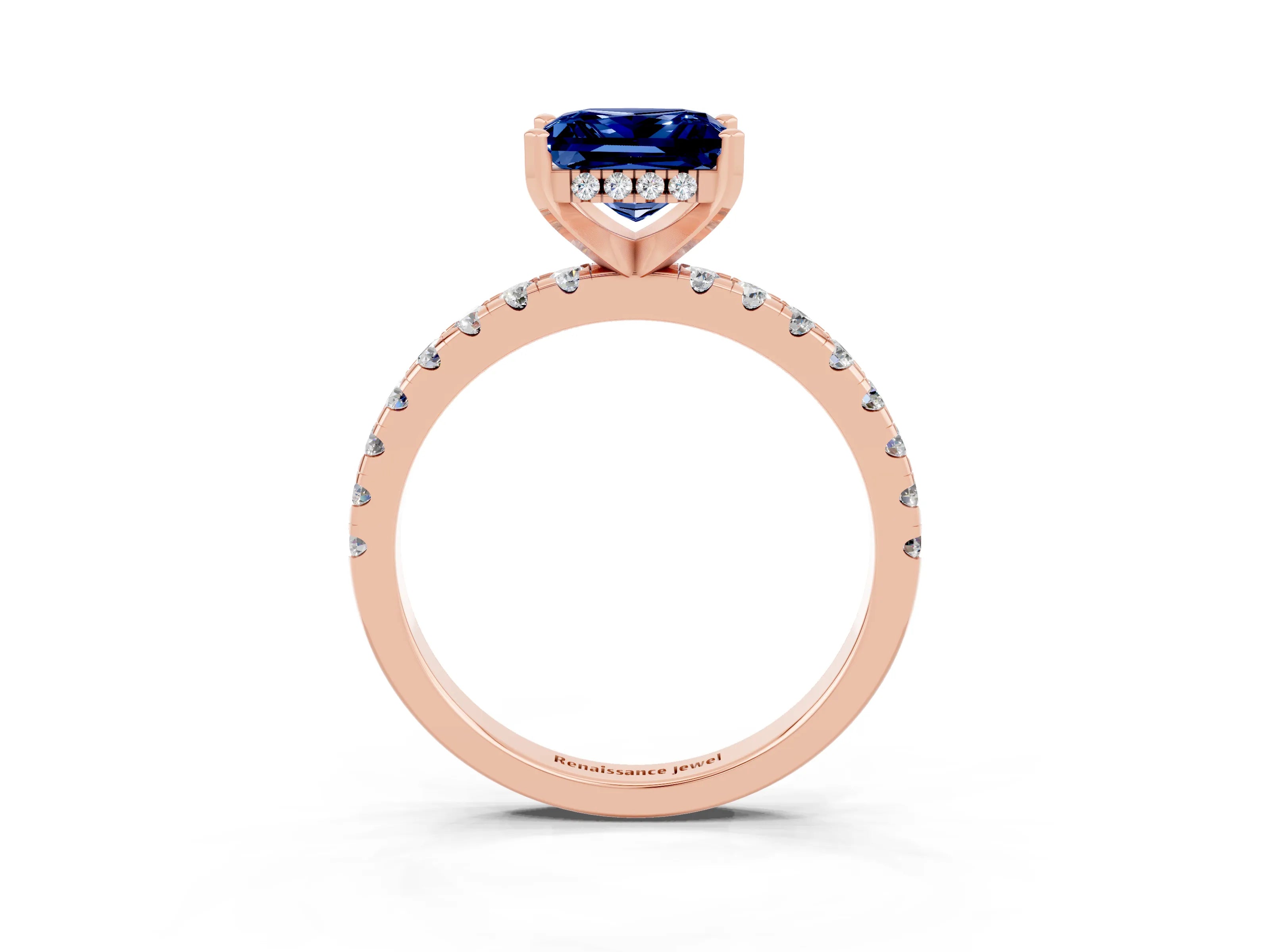 Rose gold Princess Cut Blue Sapphire Solitaire Ring with Pavé Band and Four-Prong Setting_27