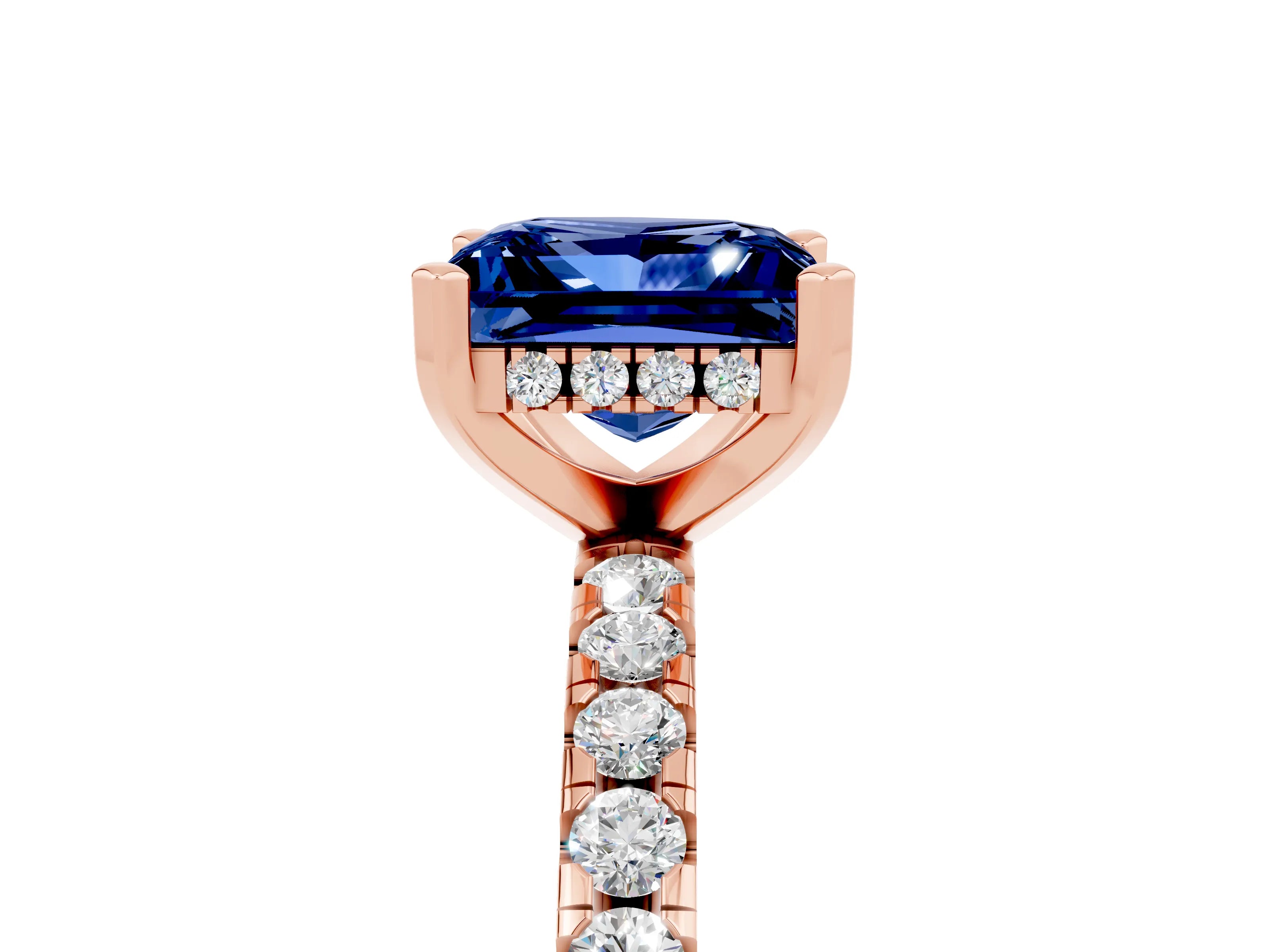Rose gold Princess Cut Blue Sapphire Solitaire Ring with Pavé Band and Four-Prong Setting_29