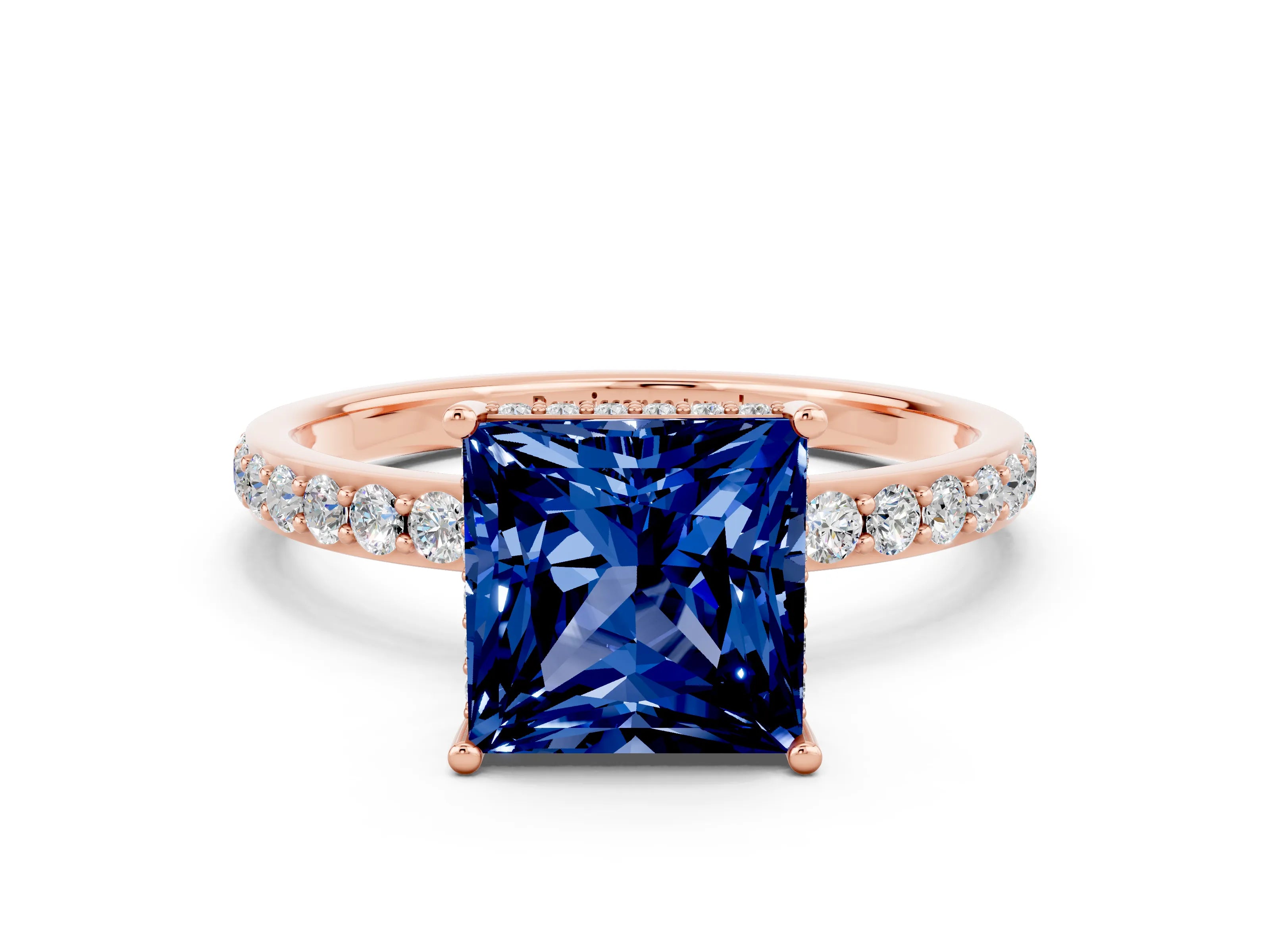 Rose gold Princess Cut Blue Sapphire Solitaire Ring with Pavé Band and Hidden Halo_12
