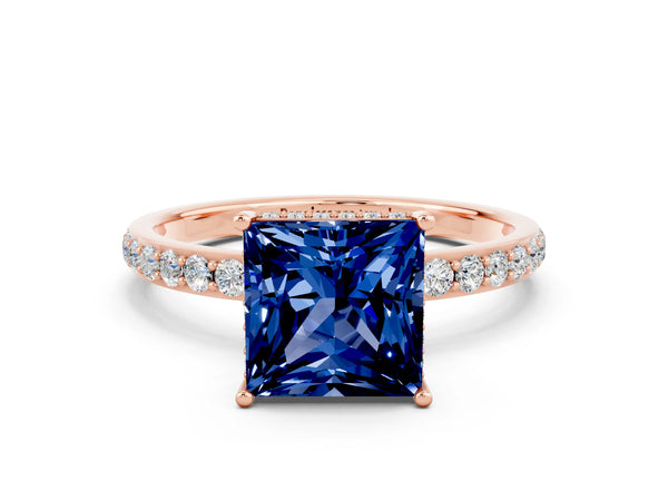 Rose gold Princess Cut Blue Sapphire Solitaire Ring with Pavé Band and Hidden Halo