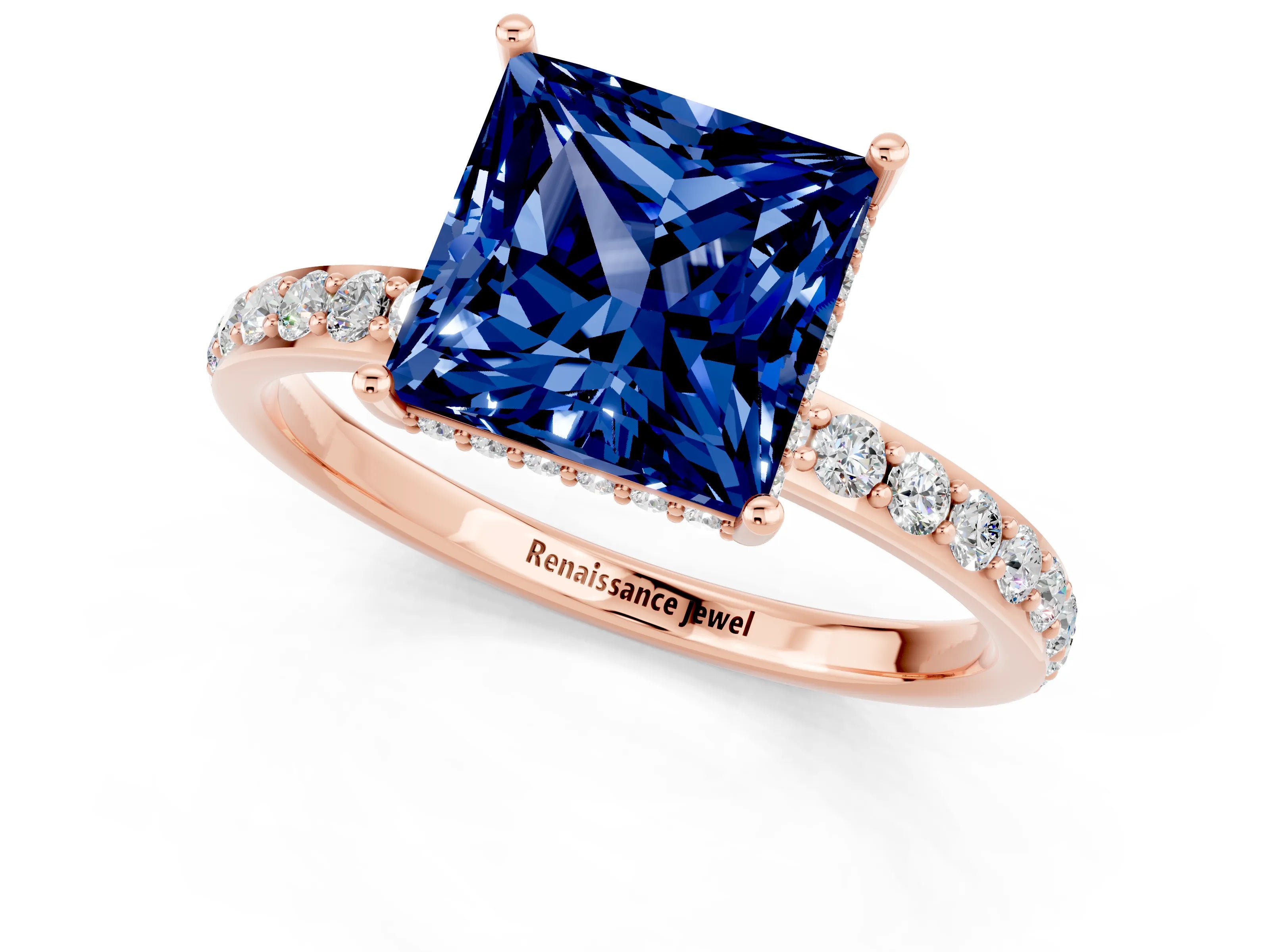 Rose gold Princess Cut Blue Sapphire Solitaire Ring with Pavé Band and Hidden Halo_13