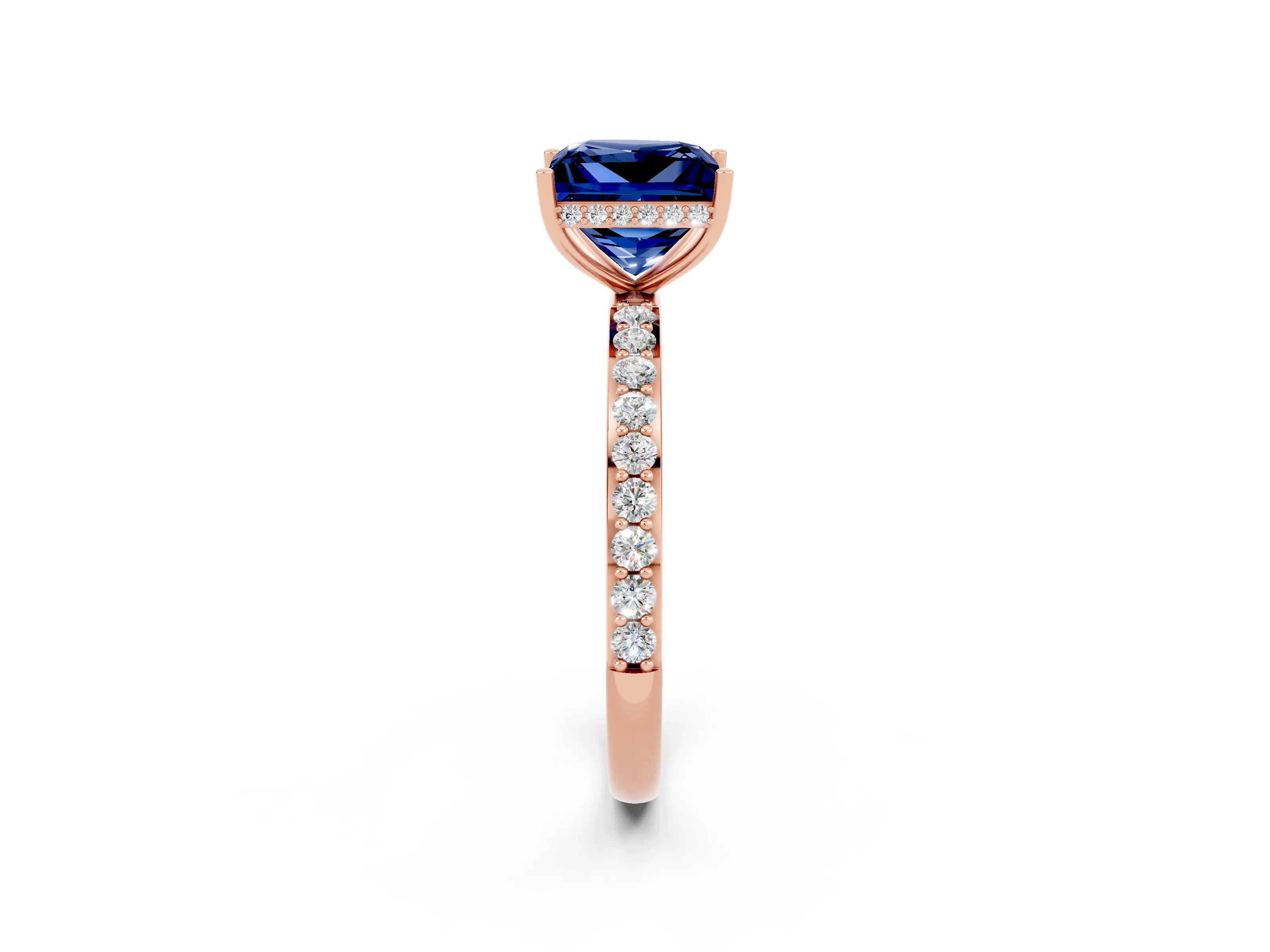 Rose gold Princess Cut Blue Sapphire Solitaire Ring with Pavé Band and Hidden Halo_14