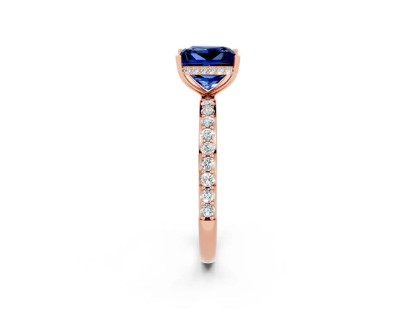 Rose gold Princess Cut Blue Sapphire Solitaire Ring with Pavé Band and Hidden Halo