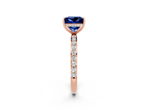 Rose gold Princess Cut Blue Sapphire Solitaire Ring with Pavé Band and Hidden Halo_14