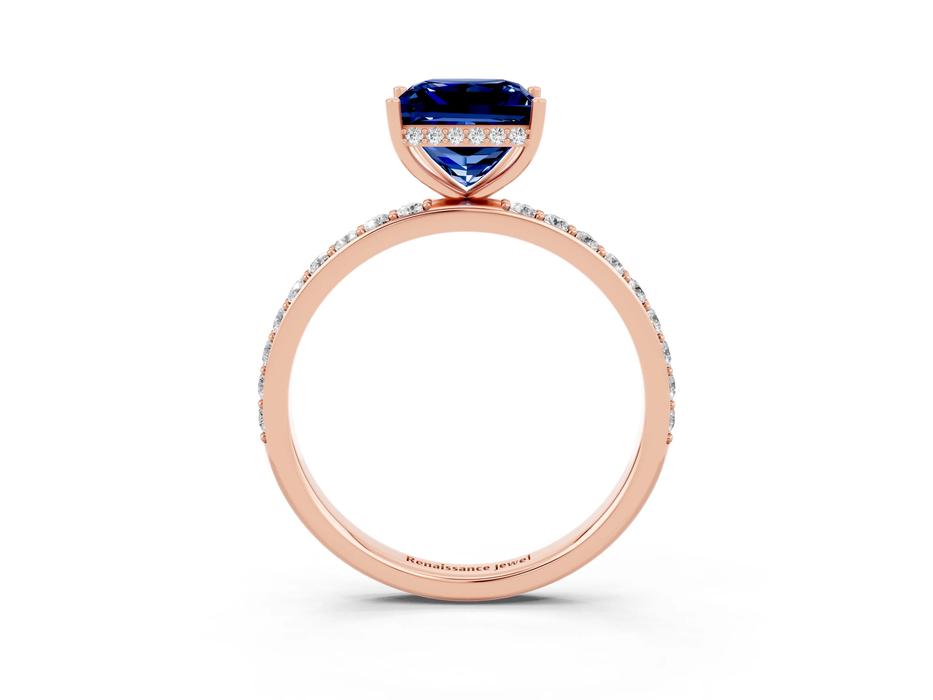 Rose gold Princess Cut Blue Sapphire Solitaire Ring with Pavé Band and Hidden Halo_15
