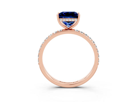 Rose gold Princess Cut Blue Sapphire Solitaire Ring with Pavé Band and Hidden Halo_15