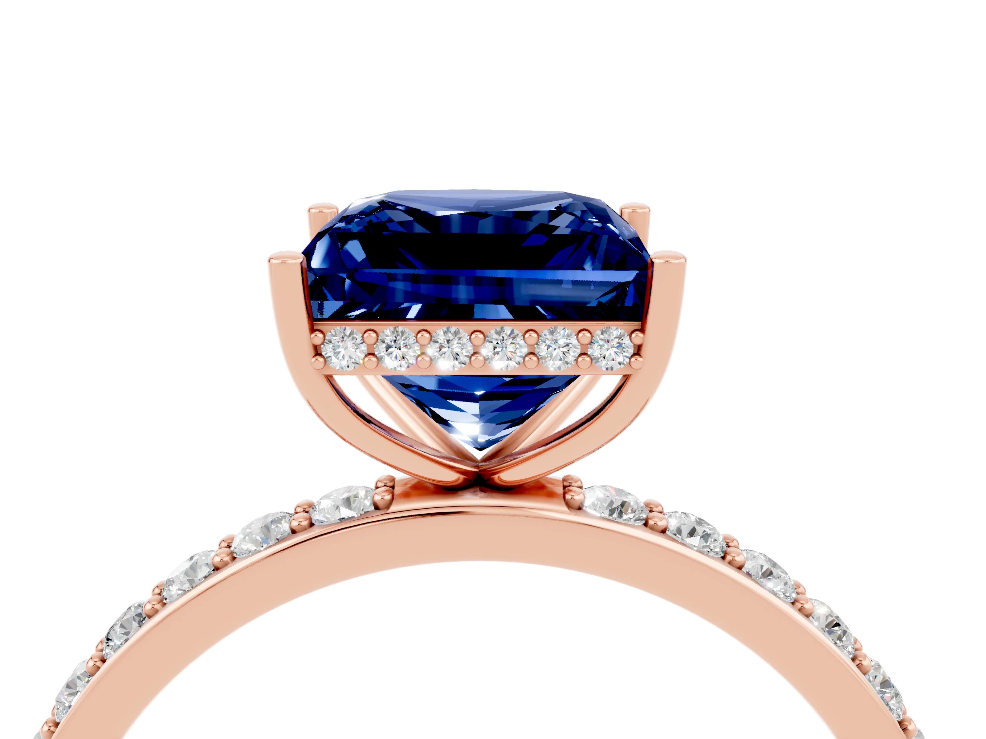 Rose gold Princess Cut Blue Sapphire Solitaire Ring with Pavé Band and Hidden Halo_16