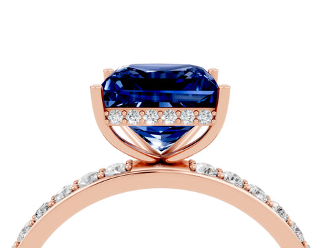 Rose gold Princess Cut Blue Sapphire Solitaire Ring with Pavé Band and Hidden Halo_16