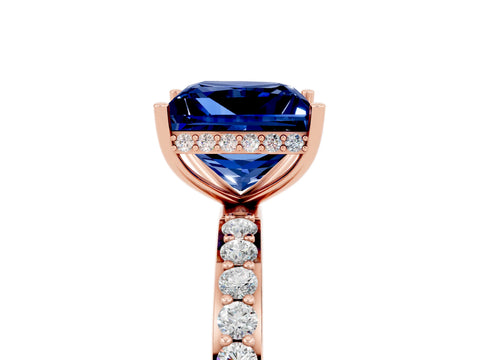 Rose gold Princess Cut Blue Sapphire Solitaire Ring with Pavé Band and Hidden Halo_17