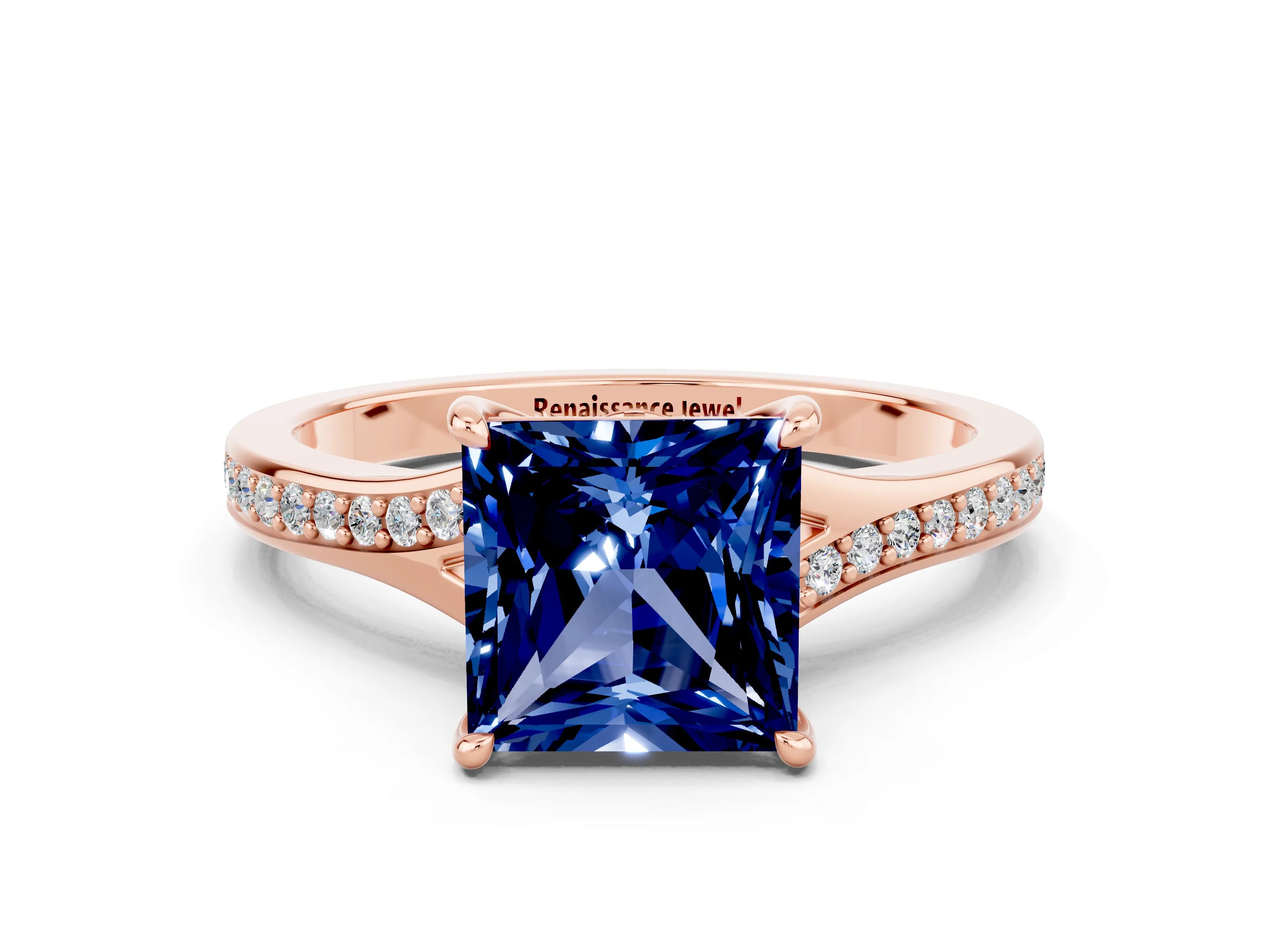 Rose gold Princess Cut Blue Sapphire Solitaire Ring with Pavé Band and Prong Setting