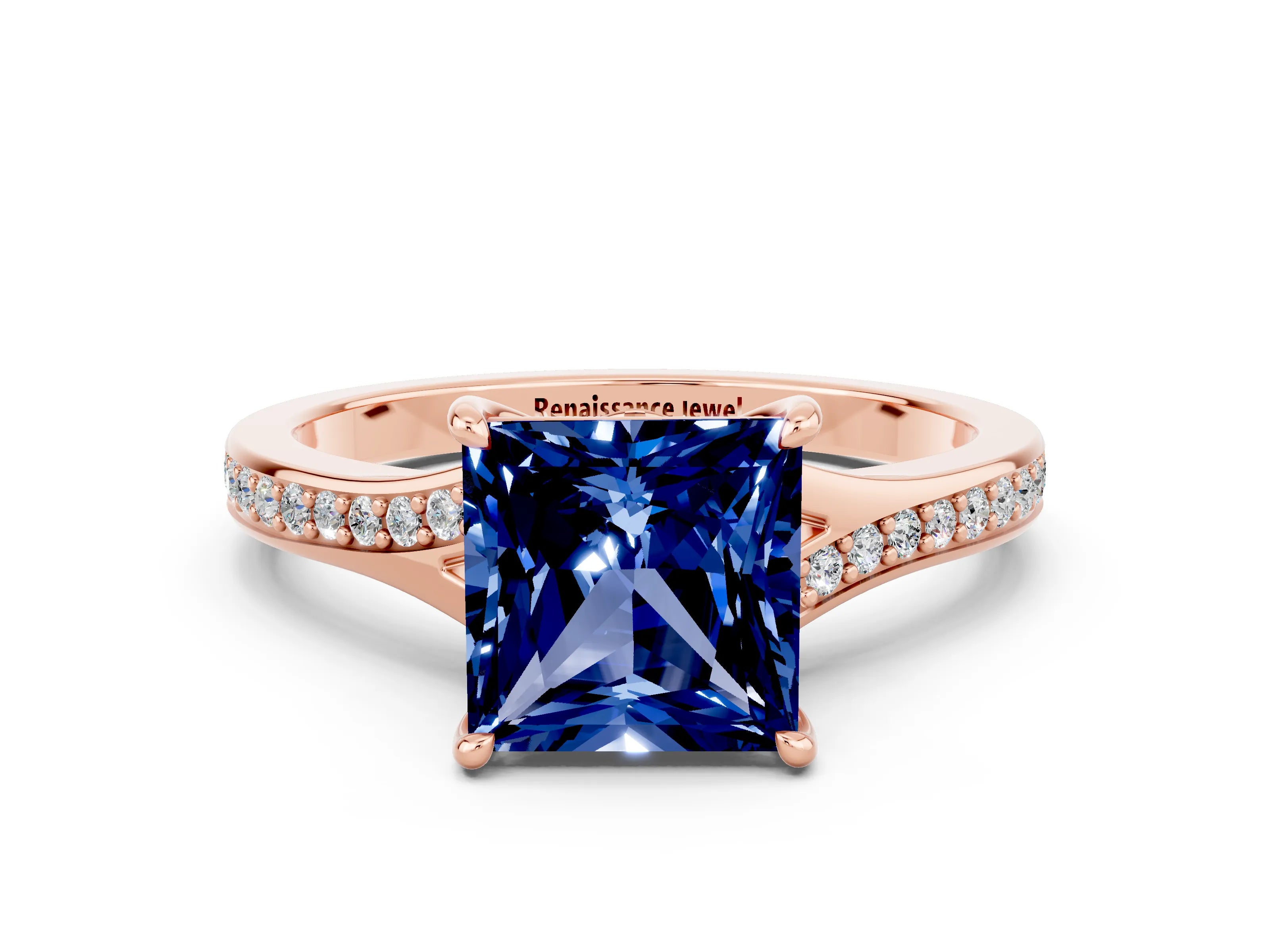 Rose gold Princess Cut Blue Sapphire Solitaire Ring with Pavé Band and Prong Setting_12