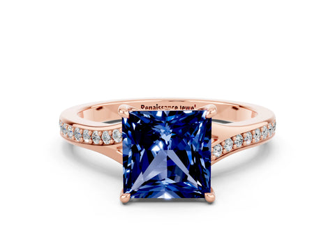 Rose gold Princess Cut Blue Sapphire Solitaire Ring with Pavé Band and Prong Setting_12