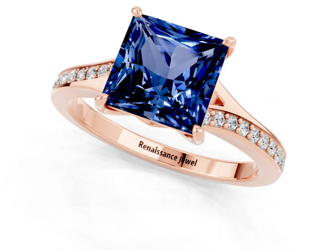Rose gold Princess Cut Blue Sapphire Solitaire Ring with Pavé Band and Prong Setting_13