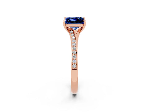 Rose gold Princess Cut Blue Sapphire Solitaire Ring with Pavé Band and Prong Setting_14