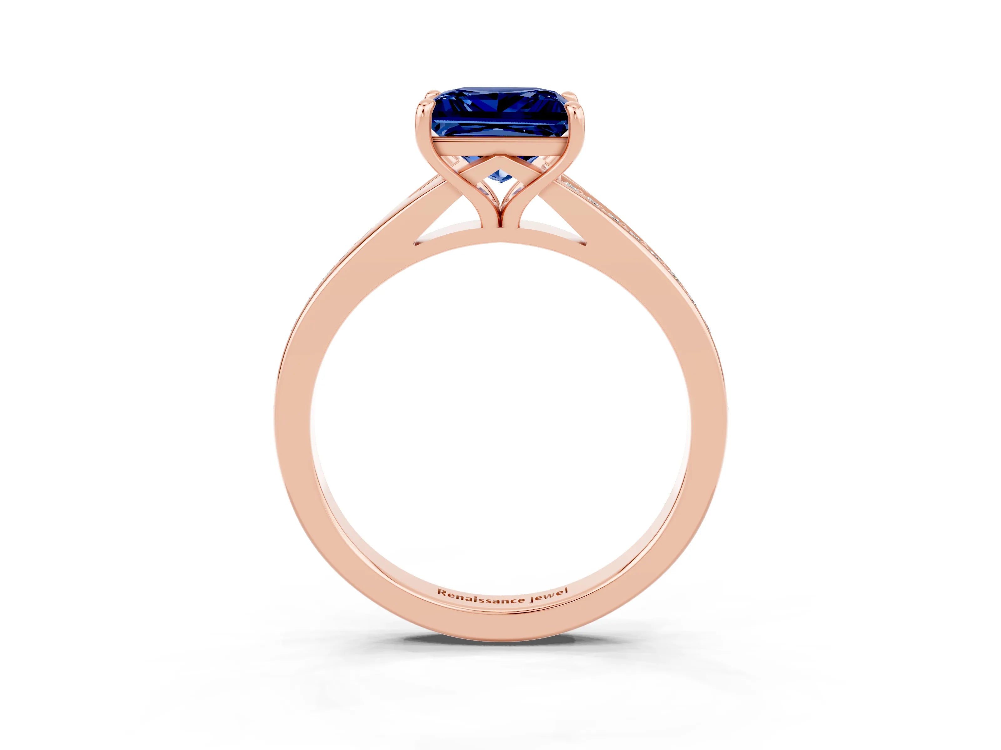 Rose gold Princess Cut Blue Sapphire Solitaire Ring with Pavé Band and Prong Setting_15
