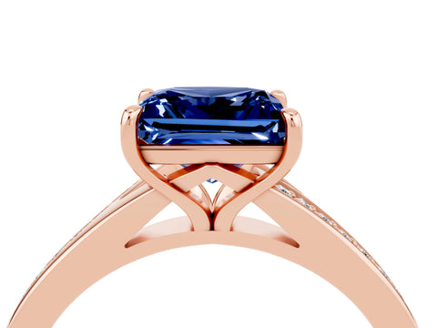 Rose gold Princess Cut Blue Sapphire Solitaire Ring with Pavé Band and Prong Setting_16