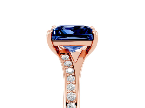 Rose gold Princess Cut Blue Sapphire Solitaire Ring with Pavé Band and Prong Setting_17