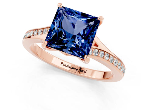 Rose gold Princess Cut Blue Sapphire Solitaire Ring with Pavé Band and Prong Setting_1