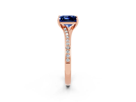 Rose gold Princess Cut Blue Sapphire Solitaire Ring with Pavé Band and Prong Setting_2