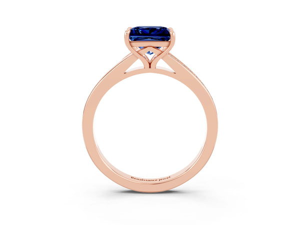 Rose gold Princess Cut Blue Sapphire Solitaire Ring with Pavé Band and Prong Setting