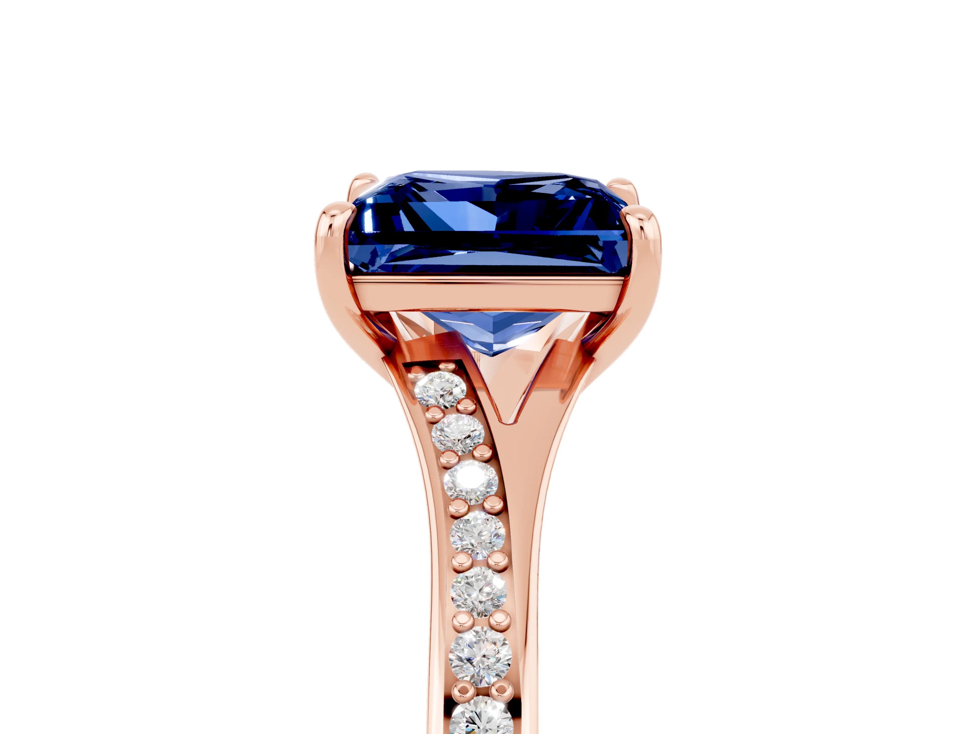 Rose gold Princess Cut Blue Sapphire Solitaire Ring with Pavé Band and Prong Setting_5