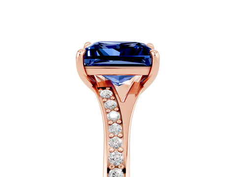 Rose gold Princess Cut Blue Sapphire Solitaire Ring with Pavé Band and Prong Setting_5