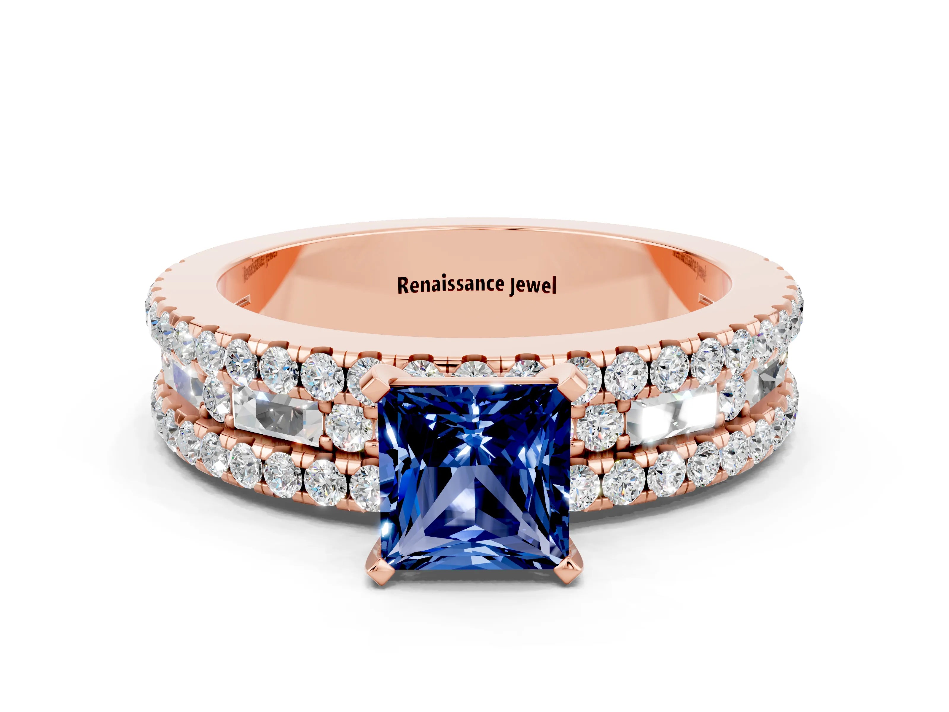 Rose gold Princess Cut Blue Sapphire Solitaire Ring with Pavé and Channel Set Band