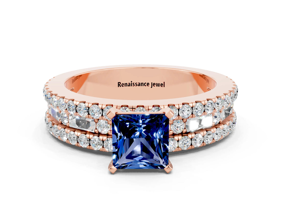 Rose gold Princess Cut Blue Sapphire Solitaire Ring with Pavé and Channel Set Band