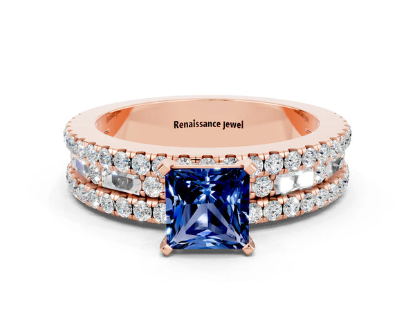 Rose gold Princess Cut Blue Sapphire Solitaire Ring with Pavé and Channel Set Band