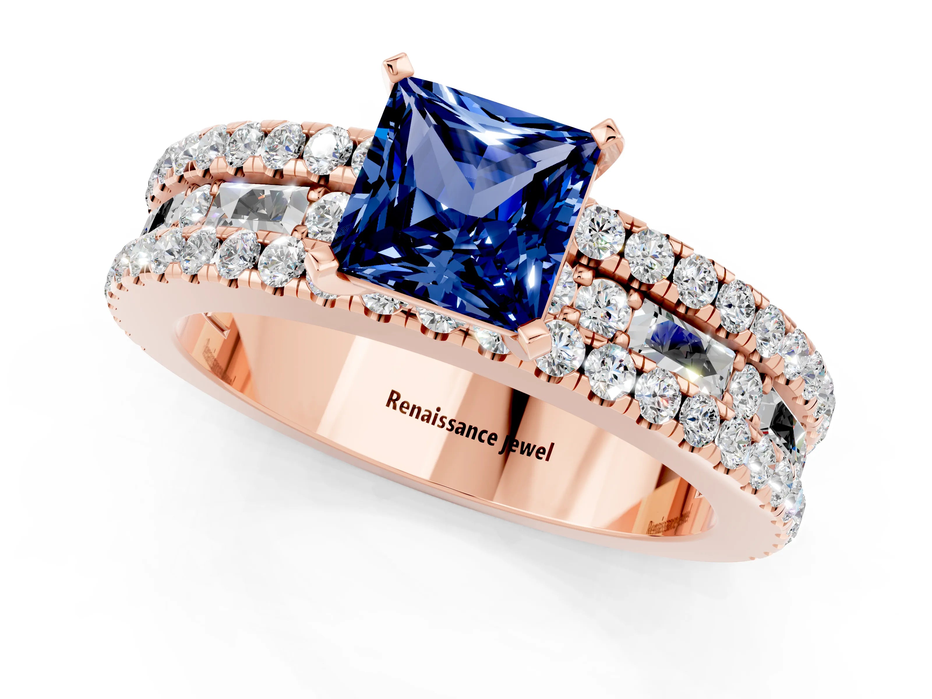 Rose gold Princess Cut Blue Sapphire Solitaire Ring with Pavé and Channel Set Band_1