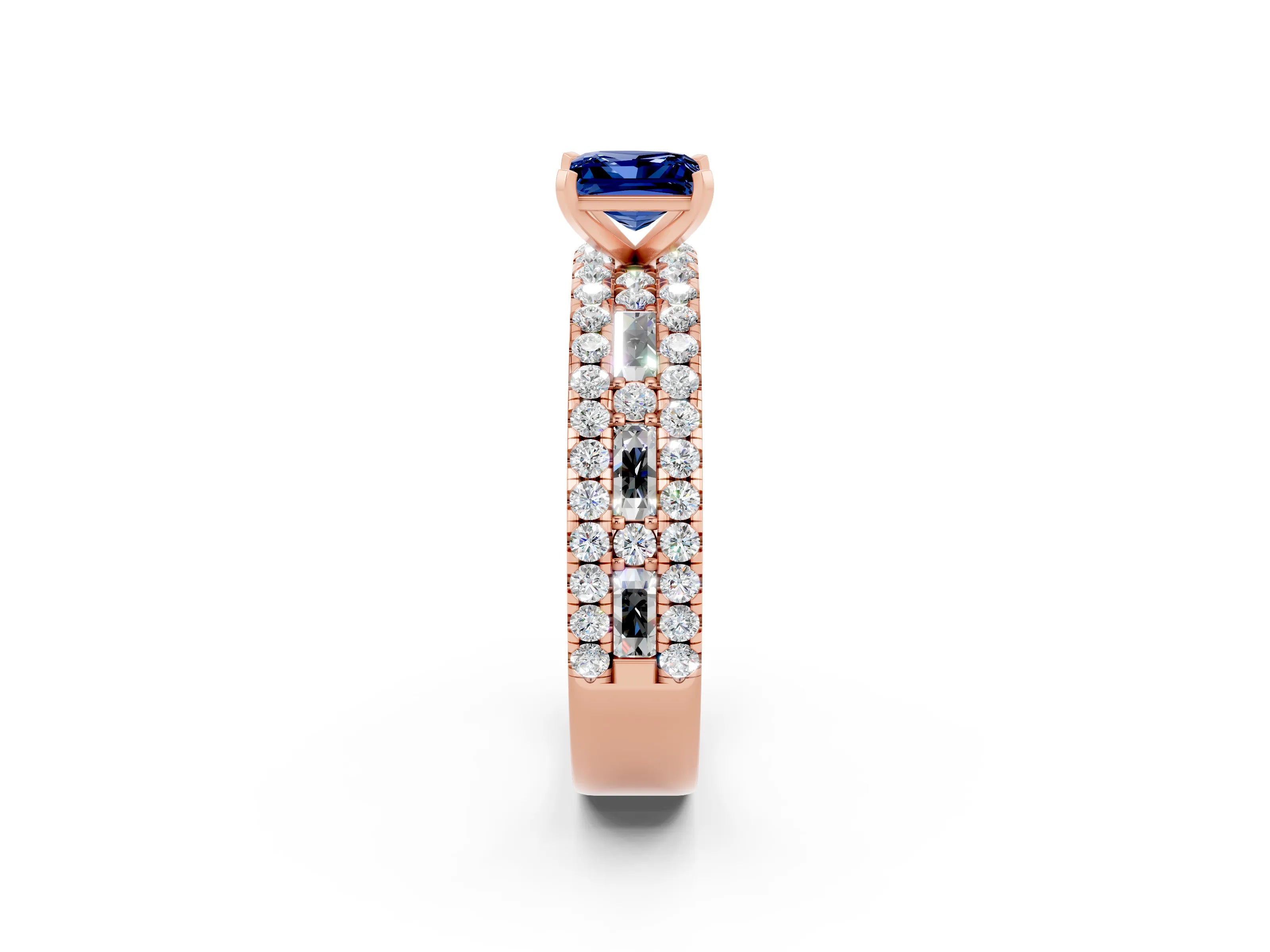Rose gold Princess Cut Blue Sapphire Solitaire Ring with Pavé and Channel Set Band_2