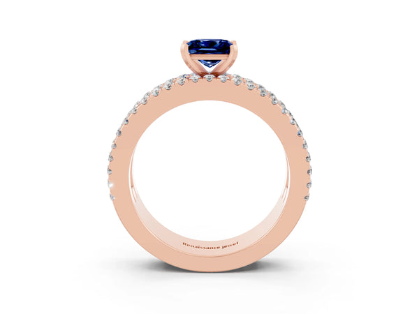 Rose gold Princess Cut Blue Sapphire Solitaire Ring with Pavé and Channel Set Band