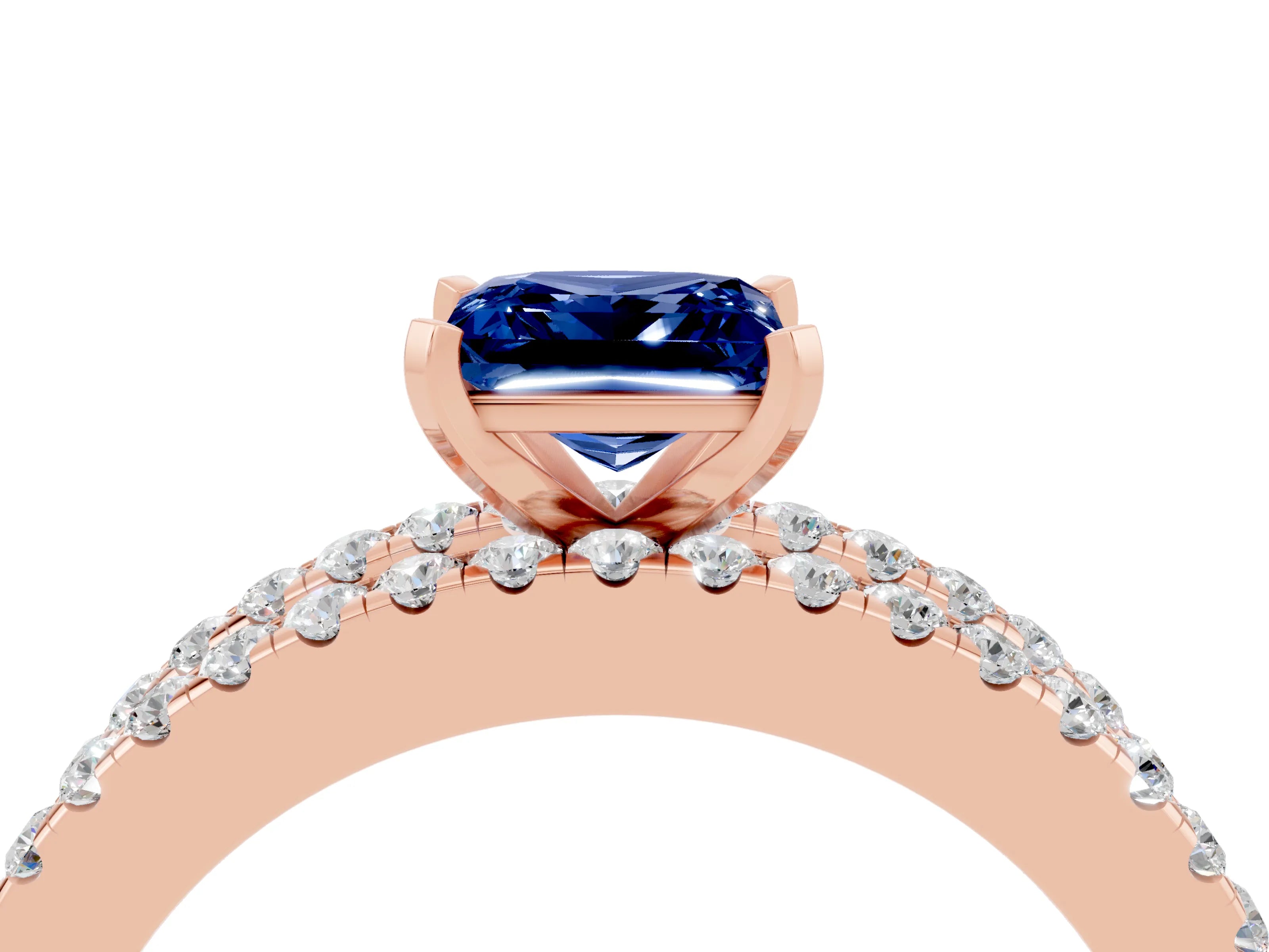Rose gold Princess Cut Blue Sapphire Solitaire Ring with Pavé and Channel Set Band_4